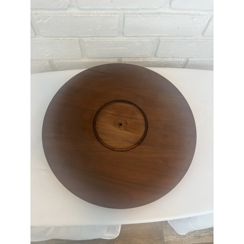 Vintage MCM Wood Cheese Board Glass Cloche Dome Serving Tray Striped Inlay 12in